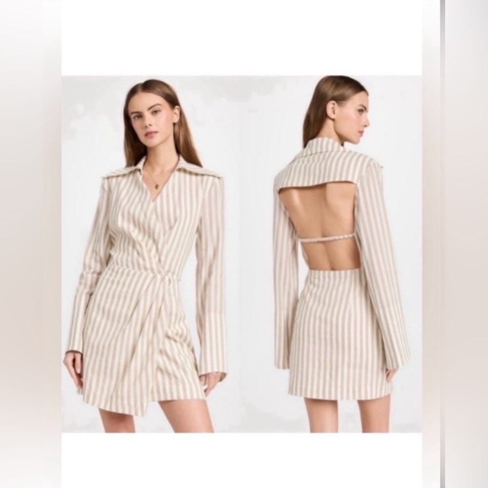 Nanushka Esma Mini Dress Low Cut Striped Cotton Linen in Beige & White Size S